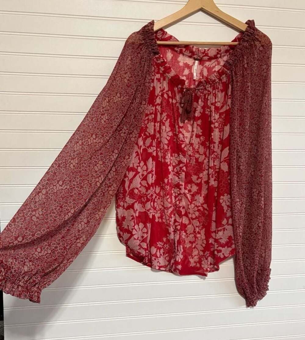 Free People Hendrix Floral Sheer Long Sleeve Blouse Red Size S - Picture 2 of 6